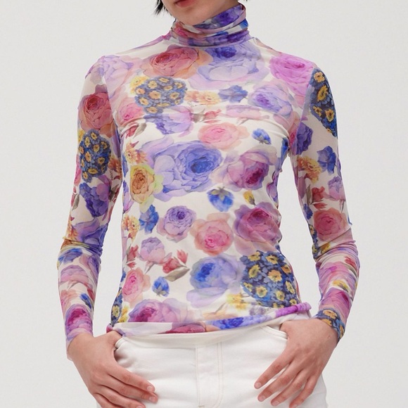 Ganni Tops - Ganni Turtleneck Printed Mesh Floral | Size 34 or US 2